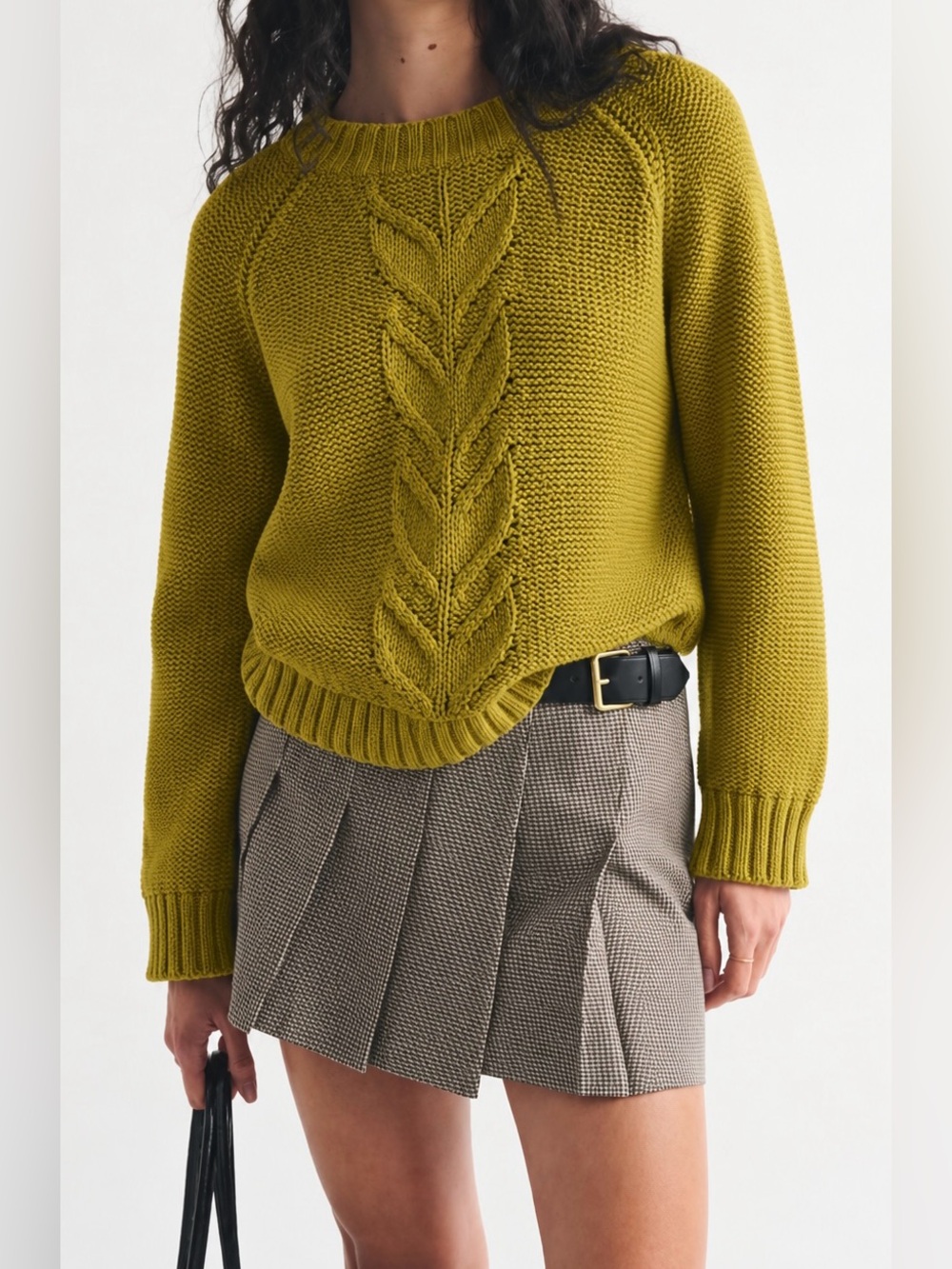 Aerie Boxy Fit Crew Sweater Ribbed Chunky Cable Knit Chartreuse Size M